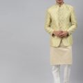 Men Off-White Self-Design Slim Fit Bandhgala Blazer