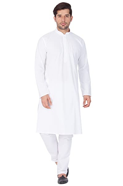 Men White Cotton Solid Kurta Pajama Set