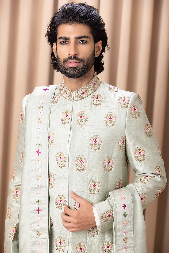 Mint Green Embroidered Sherwani Set – Hazooria Fashion