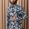 Navy Printed & Hand Painted Indowestern Jacket Set