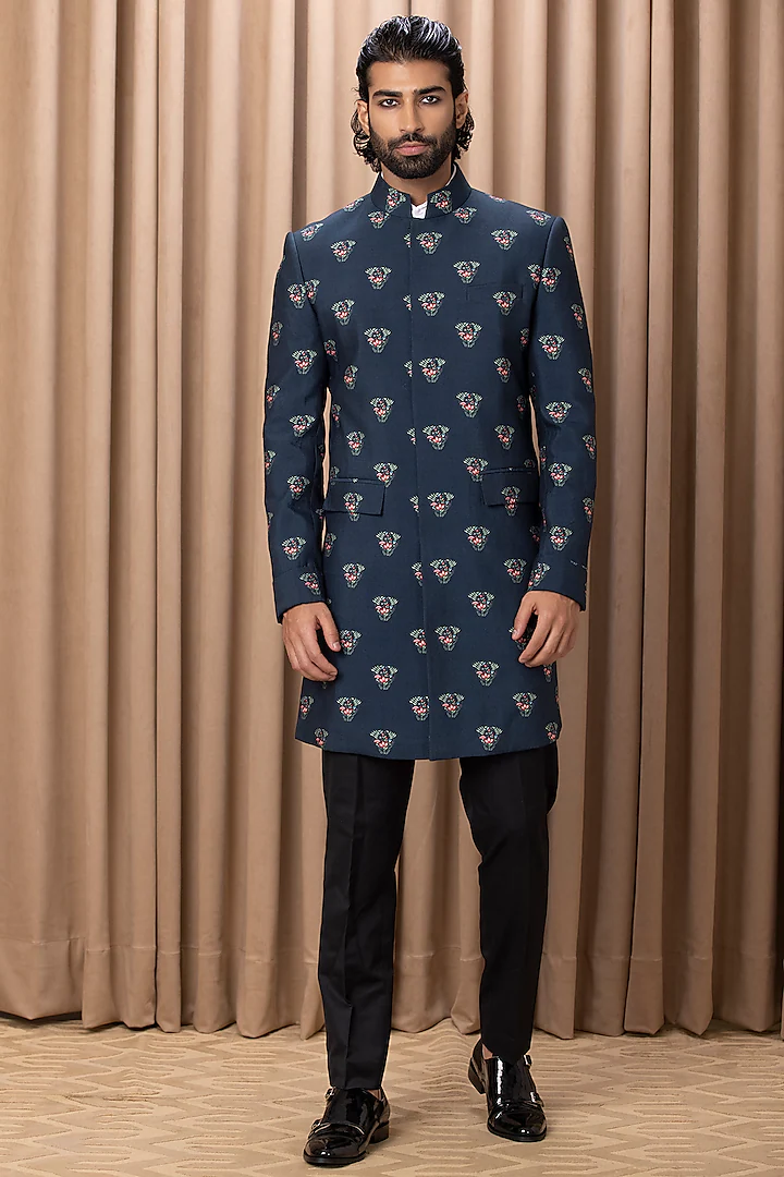 Navy Indowestern Jacket Set With Print