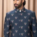 Navy Indowestern Jacket Set With Print