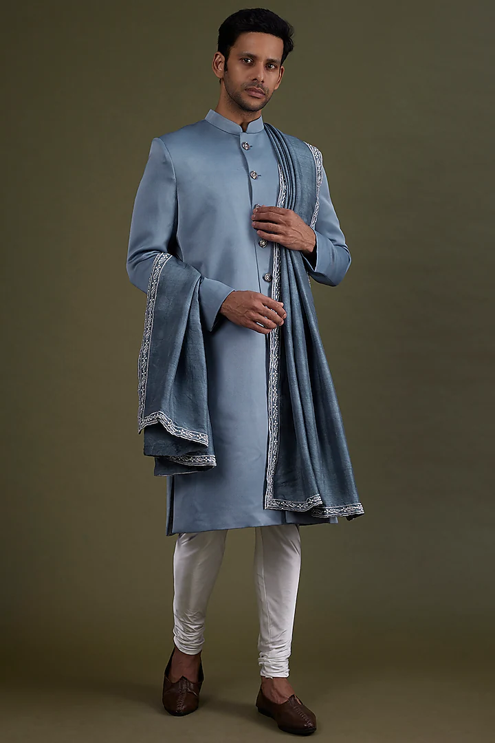 Steel Blue Scuba Satin Sherwani Set