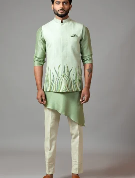 Mint Green Embroidered Nehru Jacket With Kurta Set