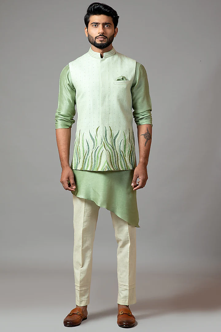 Mint Green Embroidered Nehru Jacket With Kurta Set