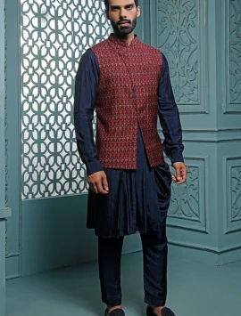 Mauve Printed Bundi Jacket Set With Kurta Set