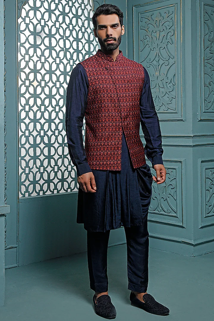 Mauve Printed Bundi Jacket Set With Kurta Set