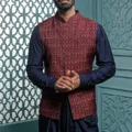 Mauve Printed Bundi Jacket Set With Kurta Set