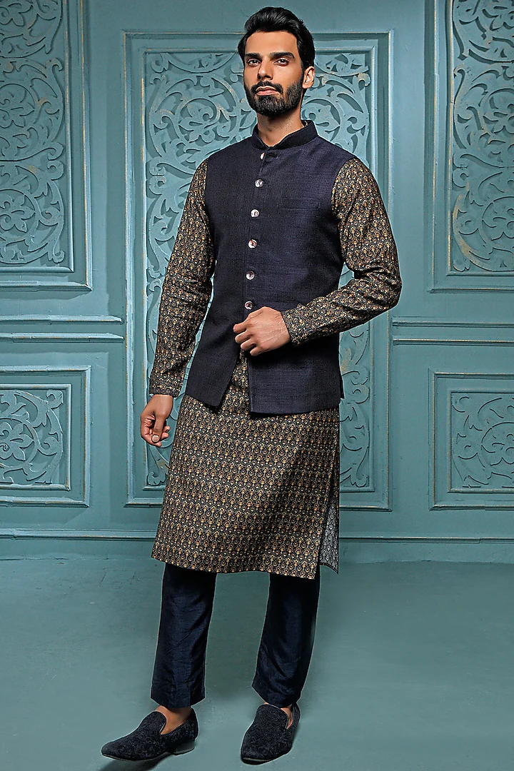 Teal Raw Silk Bundi Jacket With Kurta Set