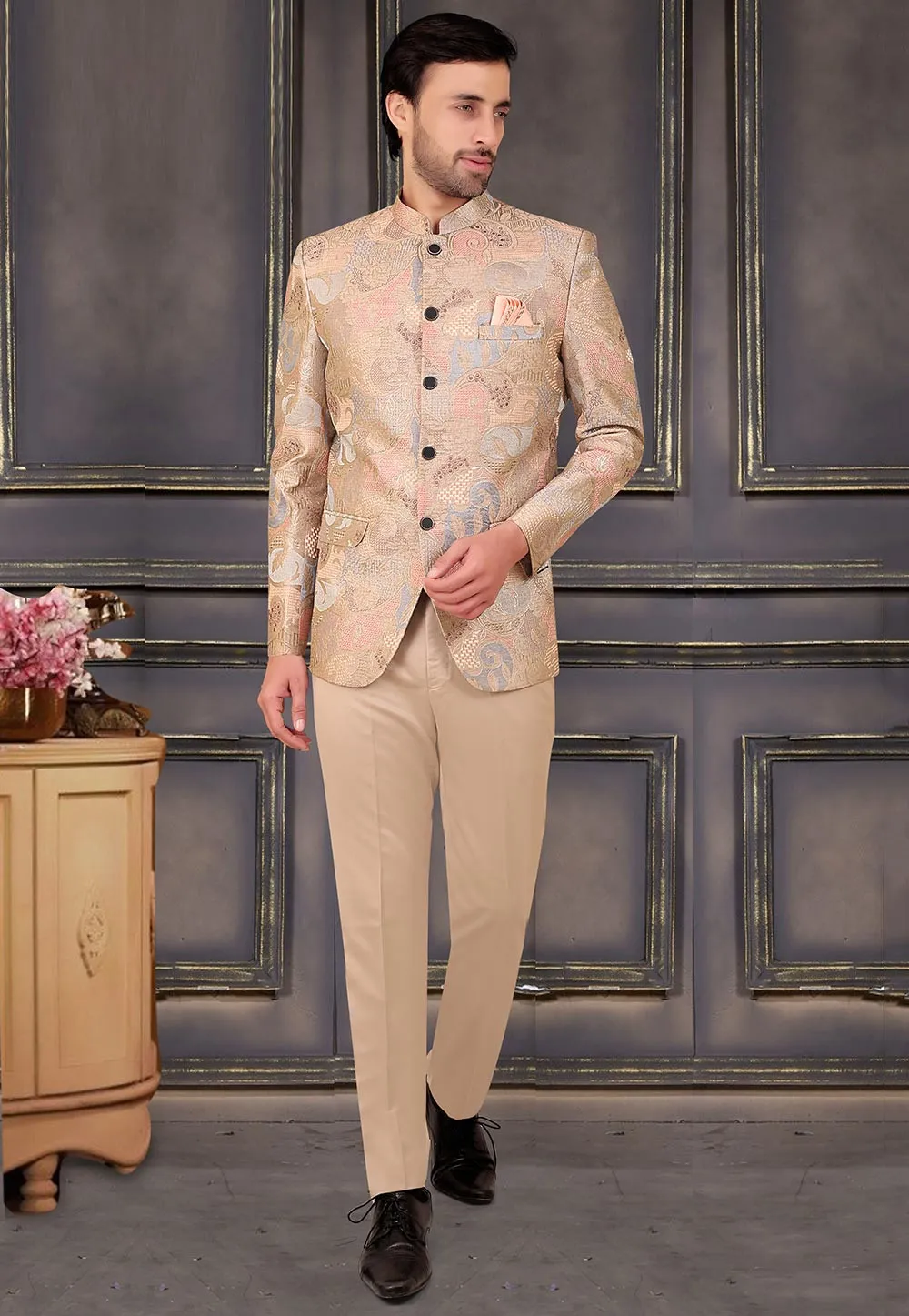 Brocade Jodhpuri Set in Beige