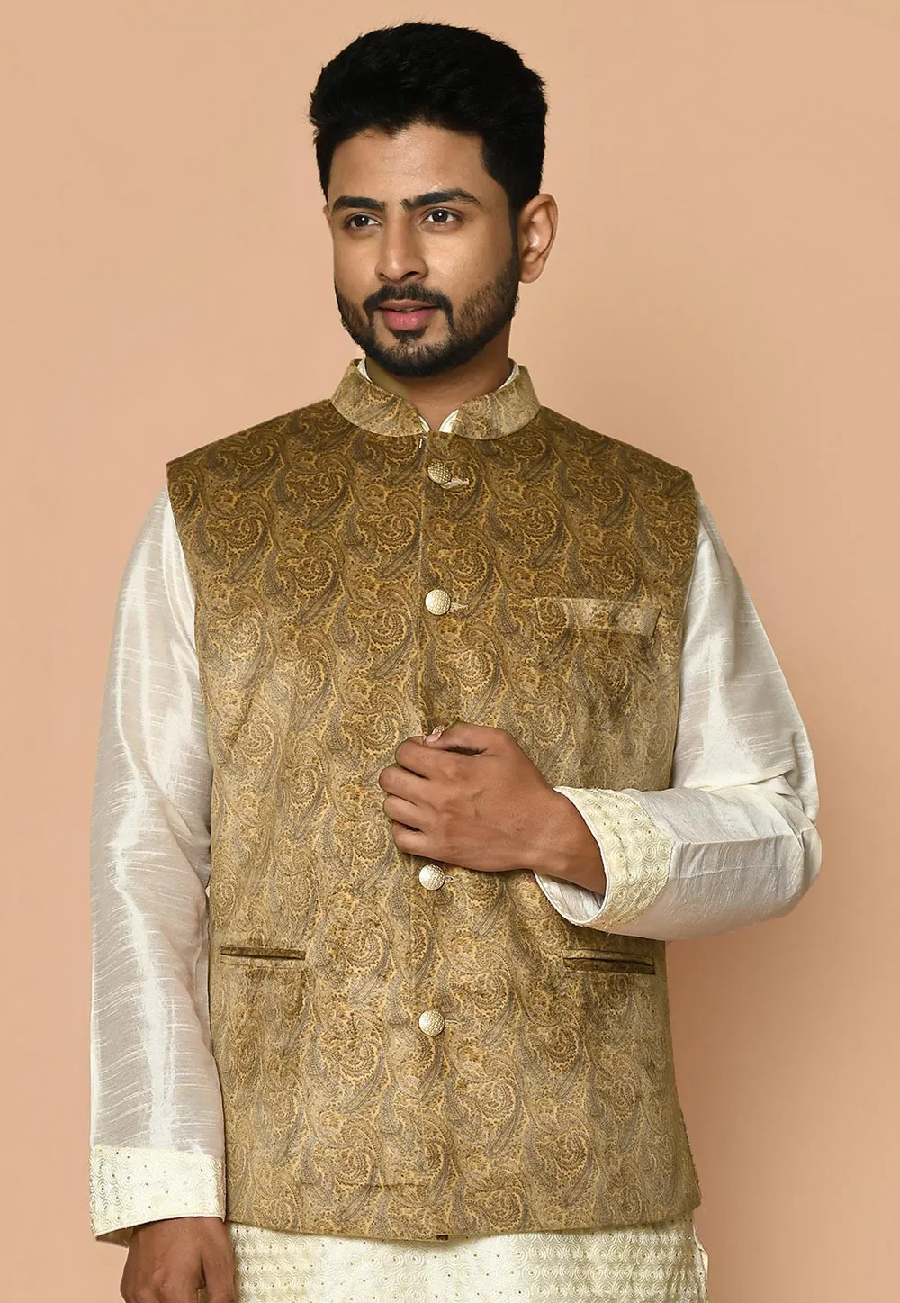 Digital Printed Velvet Nehru Jacket in Mustard