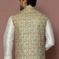 Embroidered Cotton Nehru Jacket in Beige and Blue