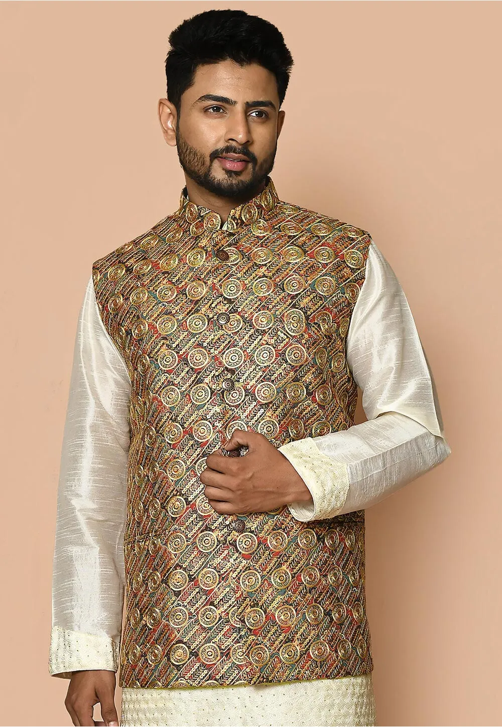 Embroidered Cotton Nehru Jacket in Multicolor