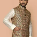 Embroidered Cotton Nehru Jacket in Multicolor