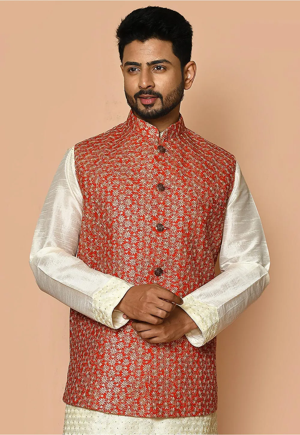 Embroidered Cotton Nehru Jacket in Red