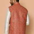 Embroidered Cotton Nehru Jacket in Red