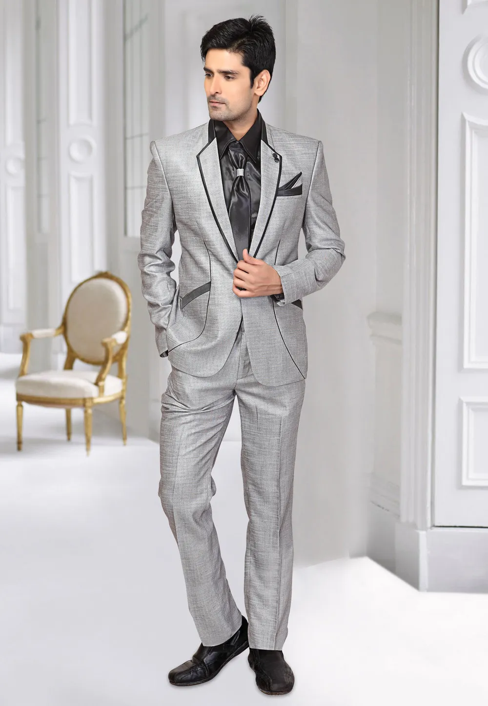 Poly Cotton Blazer Suit in Light Grey