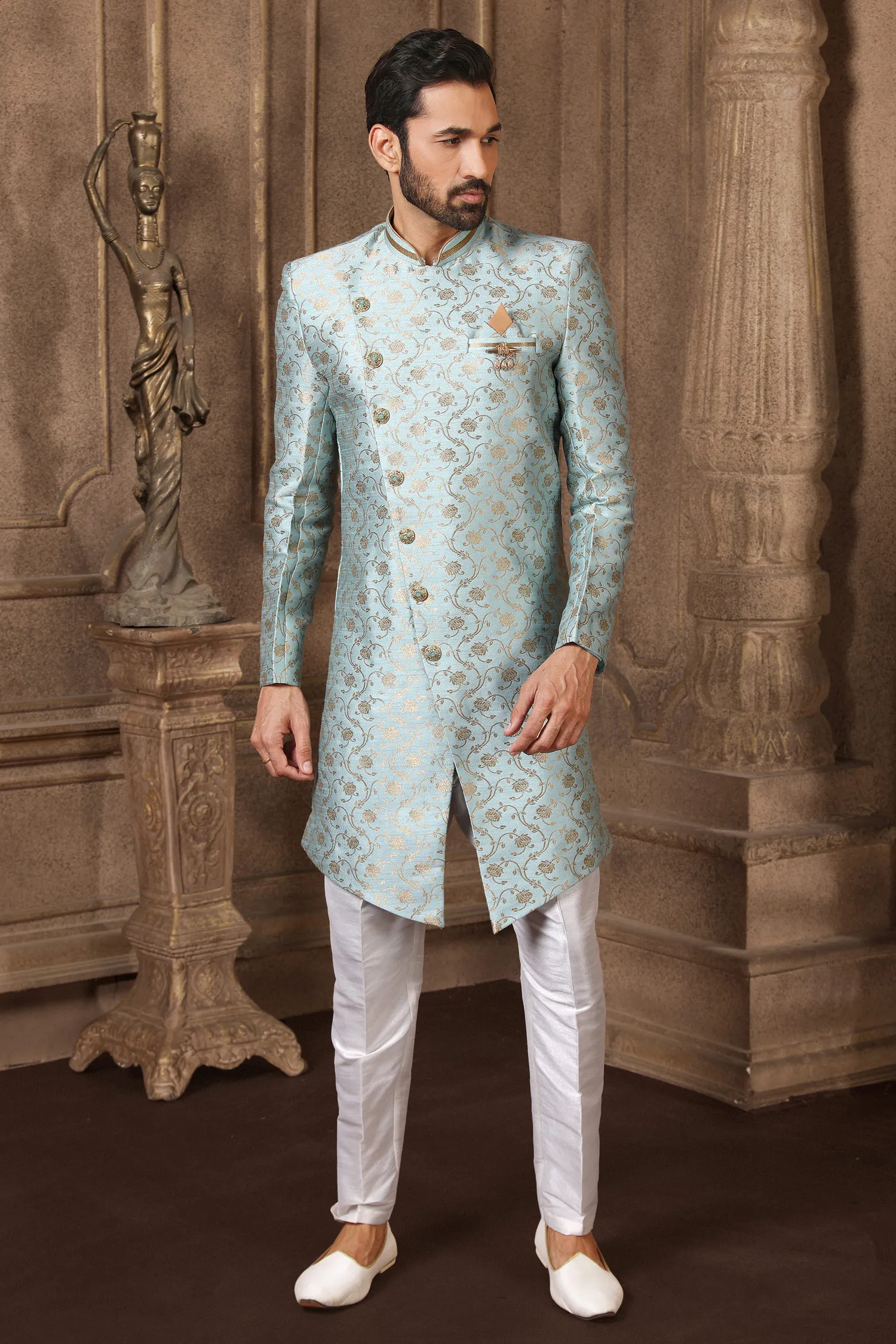 Light Blue Brocade Jacquard Silk Indo Western Sherwani