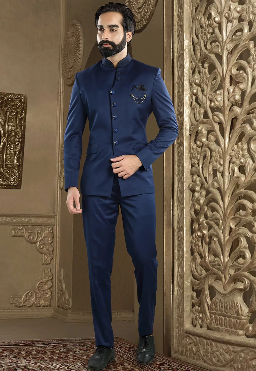 Solid Color Terry Rayon Jodhpuri Suit in Navy Blue