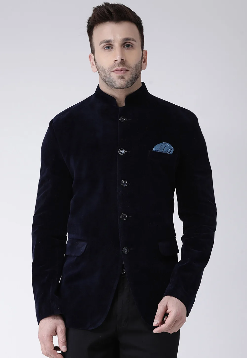 Solid Color Velvet Jodhpuri Jacket in Navy Blue