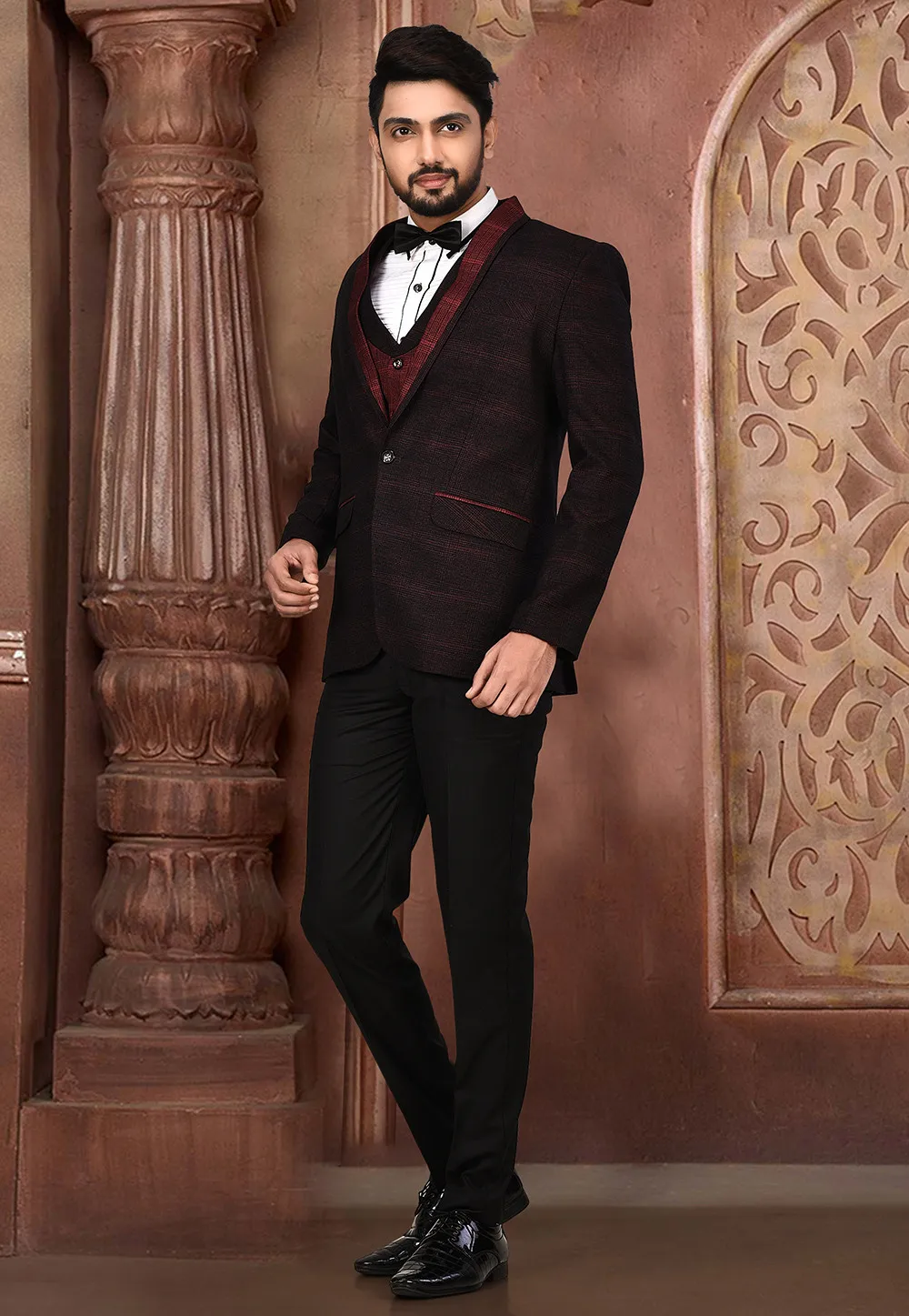 Woven Acrylic Cotton Tuxedo in Maroon and Black