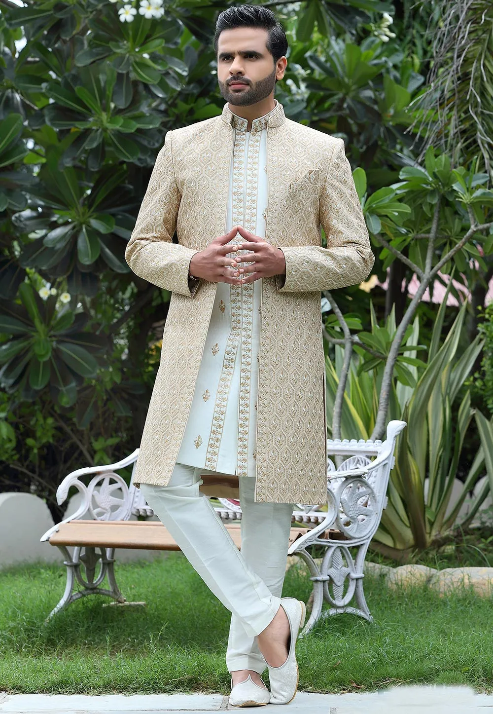 Woven Art Silk Jacket Style Sherwani in Cream and Off White