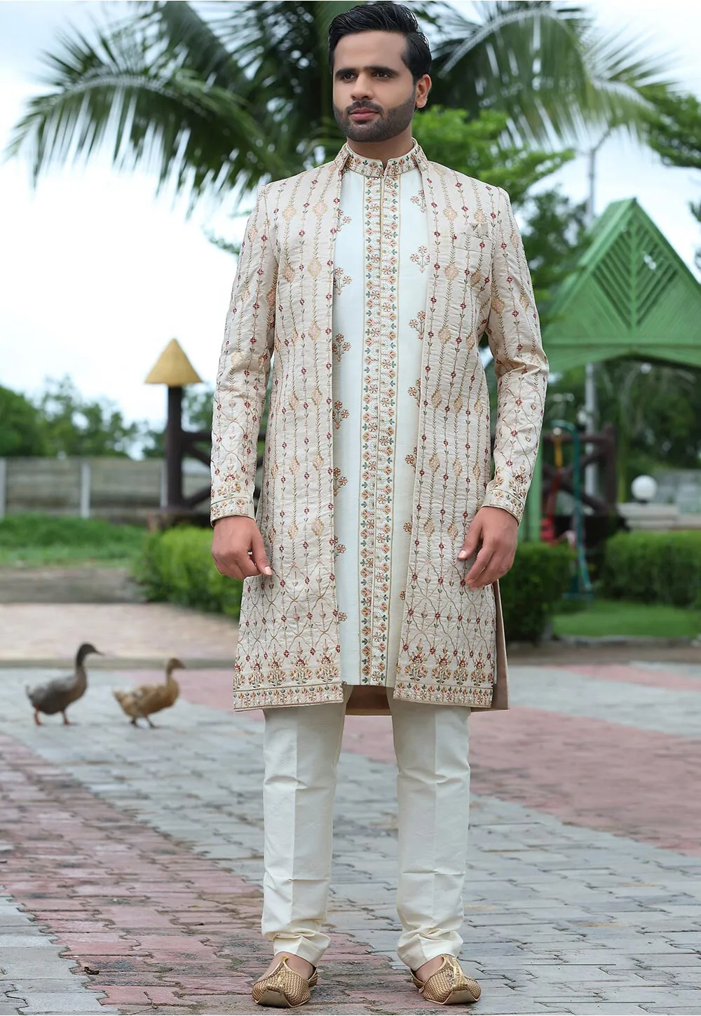 Woven Art Silk Jacket Style Sherwani in Off White