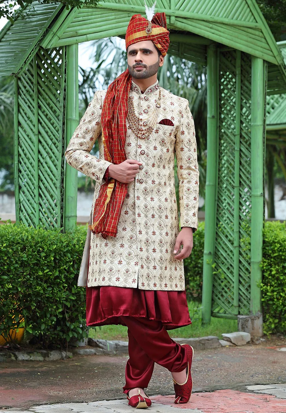 Woven Art Silk Sherwani in Cream