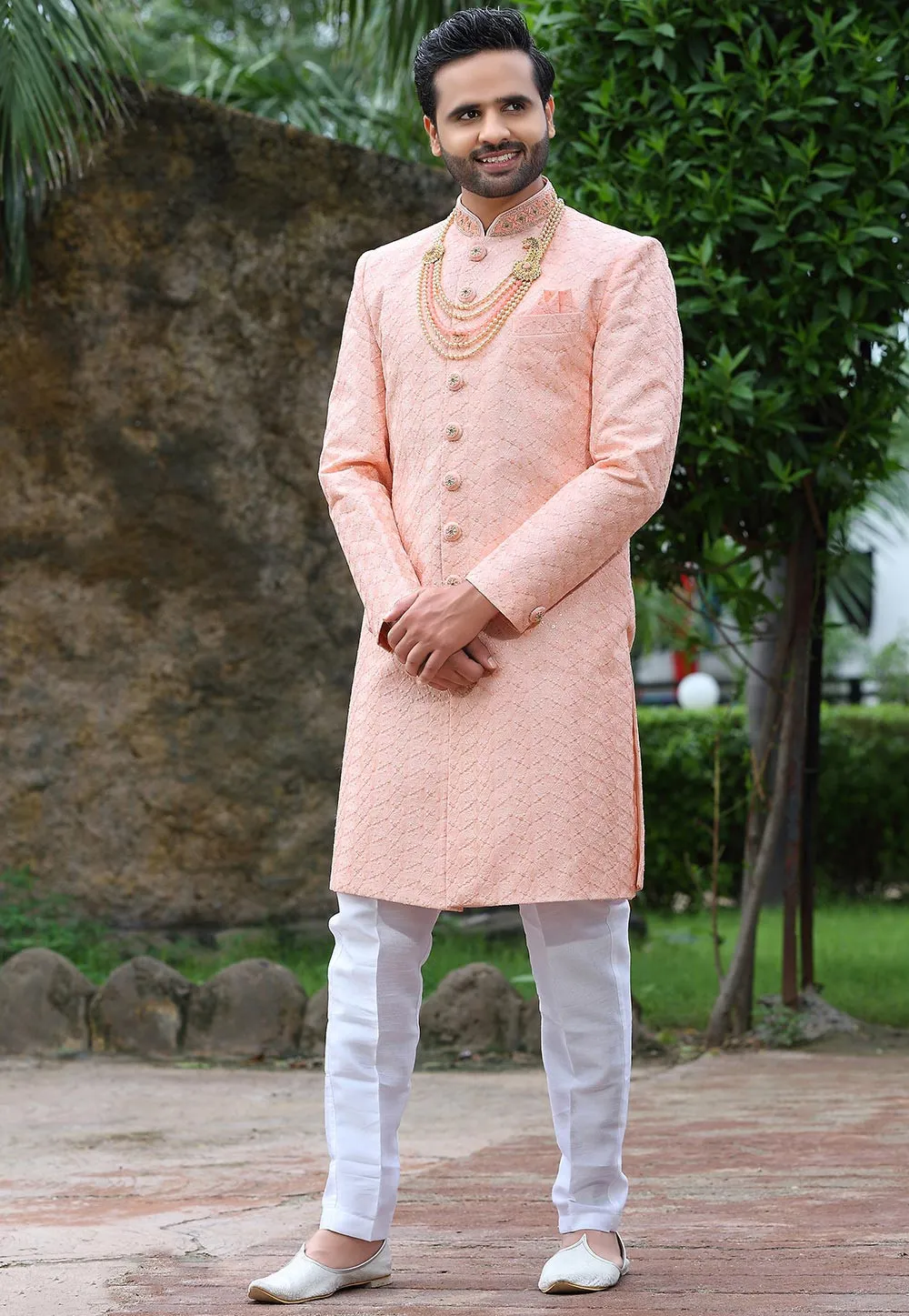 Woven Art Silk Sherwani in Light Peach