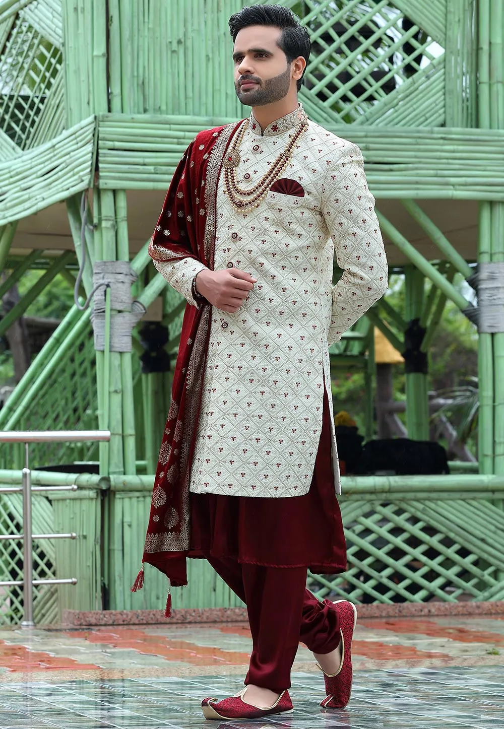 Woven Art Silk Sherwani in Off White